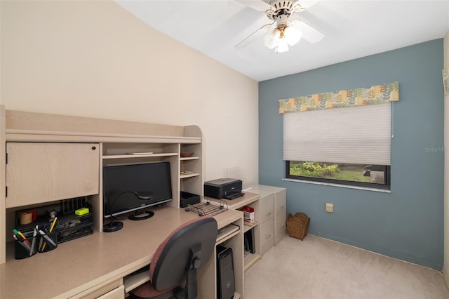 carpeted office with ceiling fan