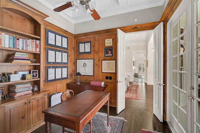 home office featuring french doors, a ceiling fan, ornamental molding, and dark wood-style flooring