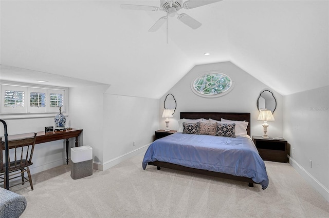 bedroom featuring ceiling fan, baseboards, lofted ceiling, and carpet floors