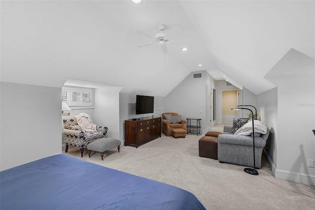 carpeted bedroom with a ceiling fan, visible vents, baseboards, recessed lighting, and vaulted ceiling