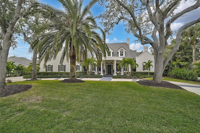 view of front facade featuring a front yard, stucco siding, and a chimney