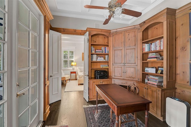 office area with dark wood-type flooring, ceiling fan, crown molding, and coffered ceiling