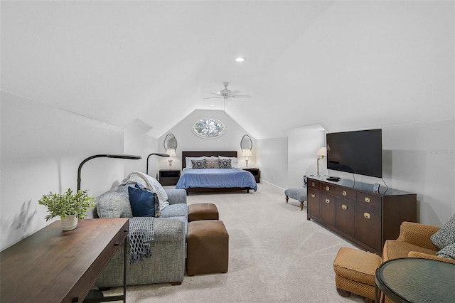 bedroom featuring recessed lighting, light carpet, lofted ceiling, and ceiling fan