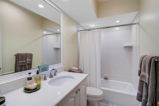 bathroom with recessed lighting, shower / bath combo with shower curtain, toilet, and vanity