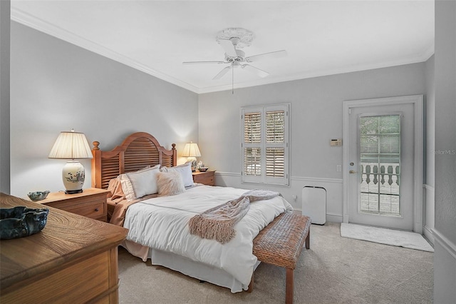 bedroom with ornamental molding, a ceiling fan, access to outside, carpet, and baseboards