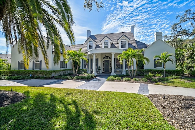 view of front facade with a front lawn, a chimney, covered porch, and stucco siding