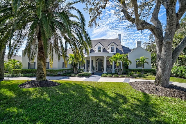 view of front of house with covered porch, stucco siding, a chimney, and a front lawn