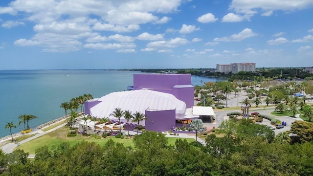 bird's eye view with a water view