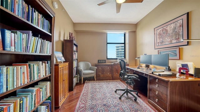 office area with ceiling fan and hardwood / wood-style floors