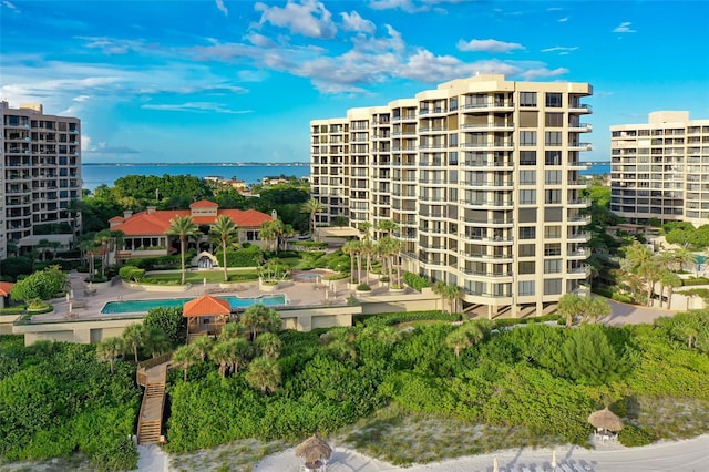 view of building exterior featuring a water view