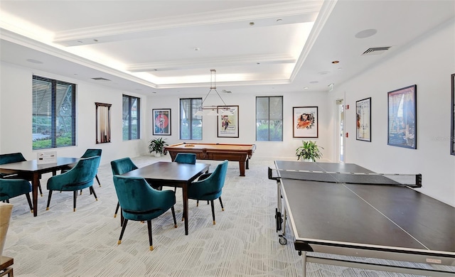 game room with light colored carpet, a raised ceiling, and billiards