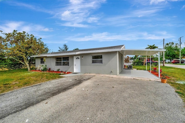 single story home with a front yard and a carport