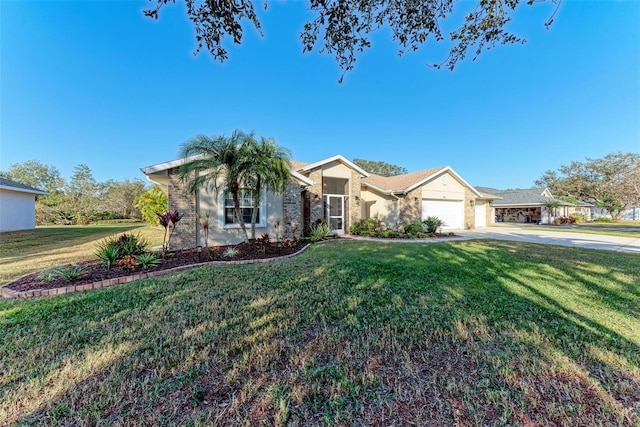 ranch-style home with a garage and a front lawn