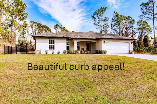 ranch-style home featuring a front lawn and a garage