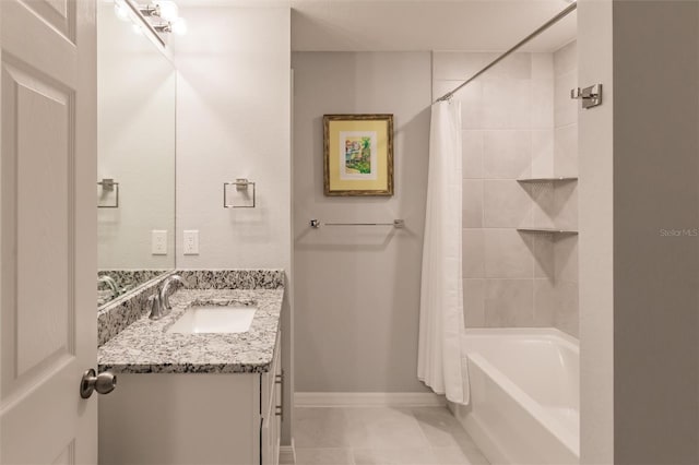 bathroom with vanity, tile patterned floors, and shower / bath combination with curtain