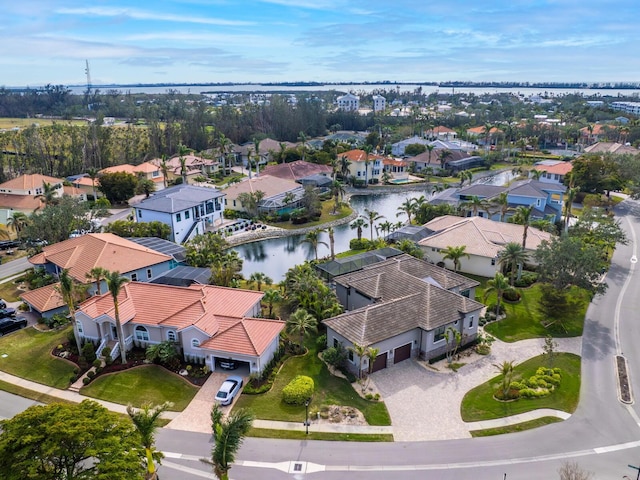 aerial view featuring a water view