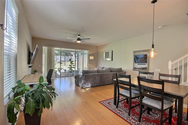 dining space with ceiling fan, a textured ceiling, and wood-type flooring