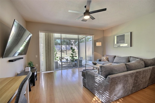 living room with light wood-type flooring, a textured ceiling, and ceiling fan