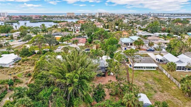 bird's eye view with a water view