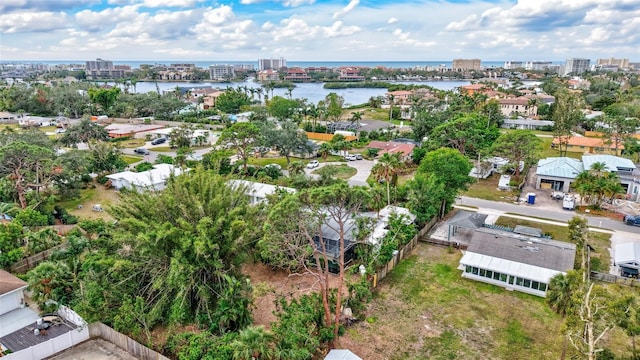 bird's eye view with a water view