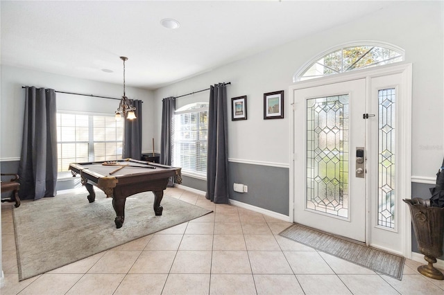 playroom with pool table and light tile patterned flooring