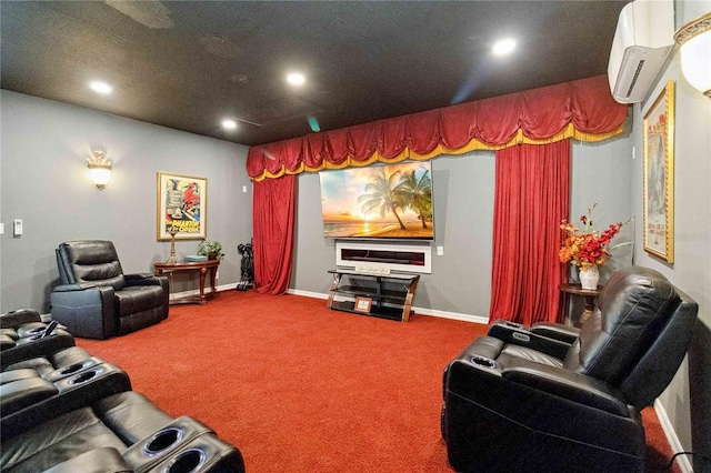 carpeted cinema room featuring an AC wall unit