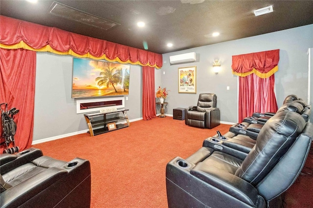 carpeted cinema with an AC wall unit