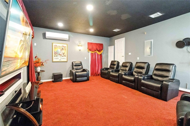 carpeted home theater featuring electric panel and an AC wall unit