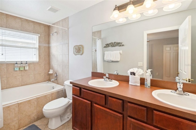 full bathroom featuring tile patterned flooring, shower / bath combination with curtain, vanity, and toilet