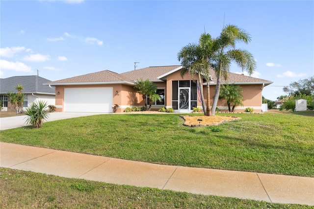 ranch-style home featuring a front yard and a garage