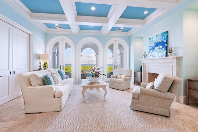 living area with beam ceiling, crown molding, french doors, and coffered ceiling