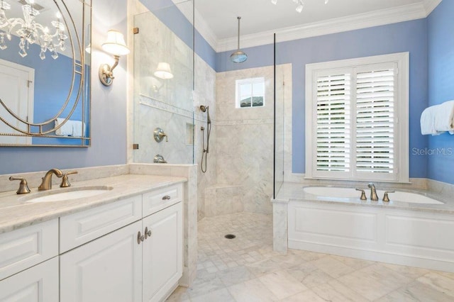 bathroom with vanity, crown molding, and shower with separate bathtub