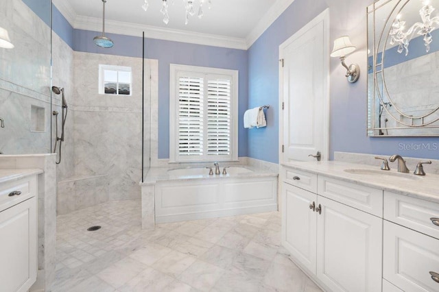 bathroom featuring ornamental molding, vanity, and independent shower and bath