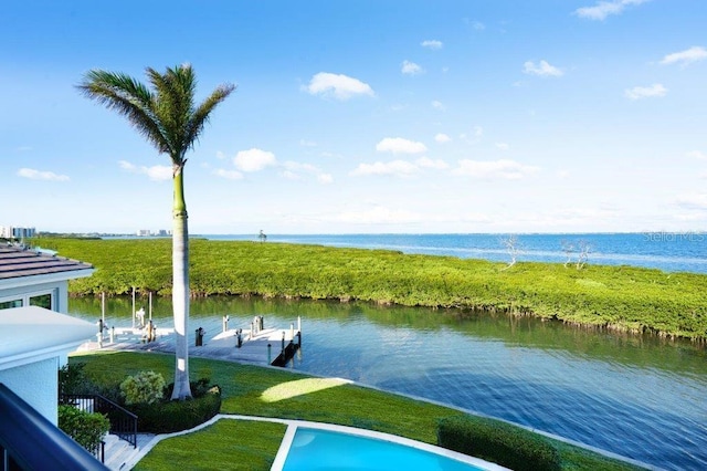 view of pool featuring a dock and a water view