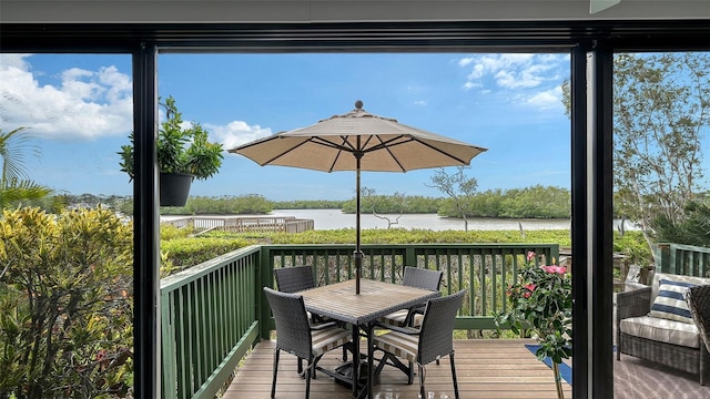 wooden terrace with a water view