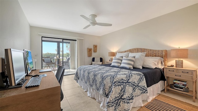 tiled bedroom with access to outside and ceiling fan