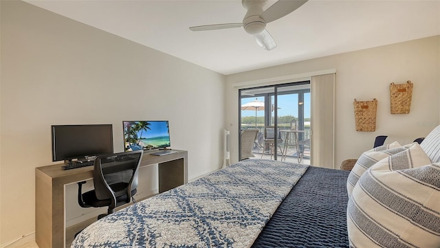 bedroom with access to outside and ceiling fan