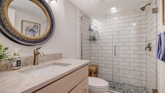 bathroom featuring vanity, toilet, and an enclosed shower