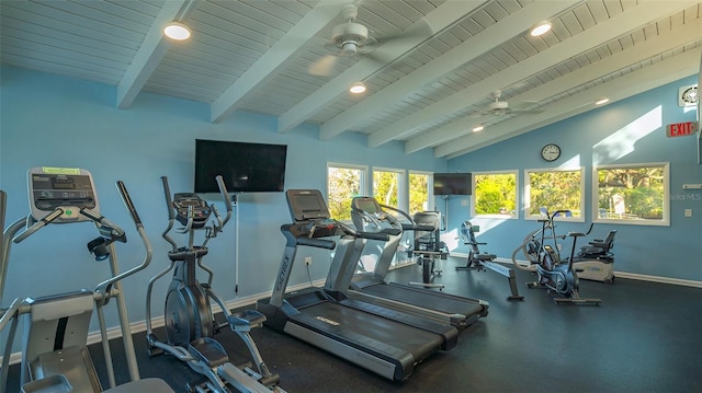 workout area with ceiling fan and vaulted ceiling