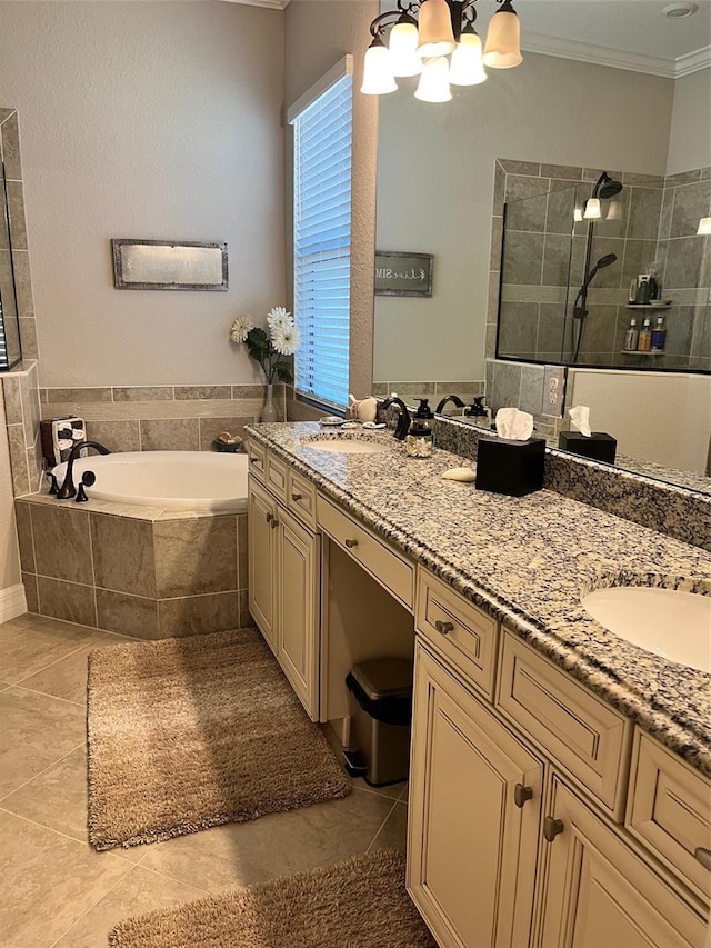 bathroom with vanity, tile patterned flooring, ornamental molding, and shower with separate bathtub