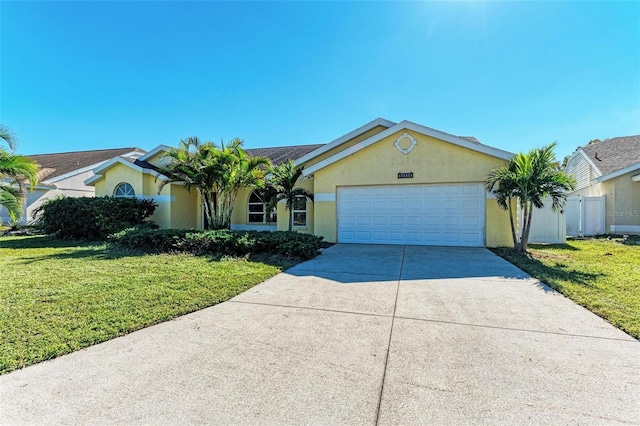 ranch-style home featuring a front lawn and a garage