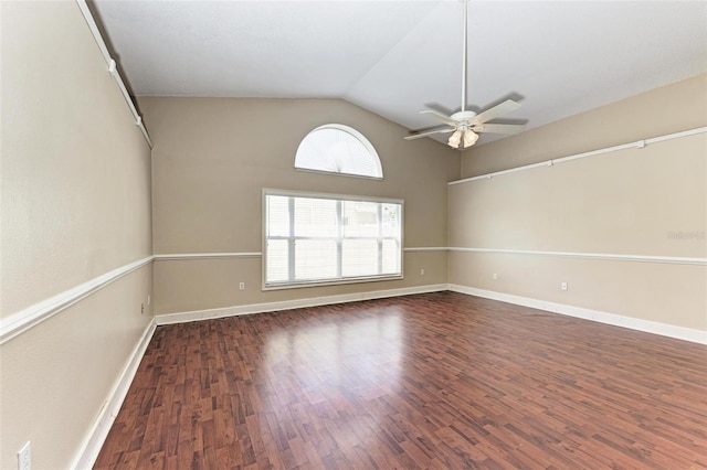 unfurnished room featuring ceiling fan, dark wood-type flooring, and lofted ceiling