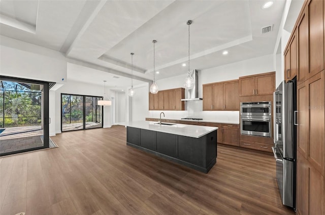 kitchen featuring a raised ceiling, decorative light fixtures, stainless steel appliances, and a center island with sink