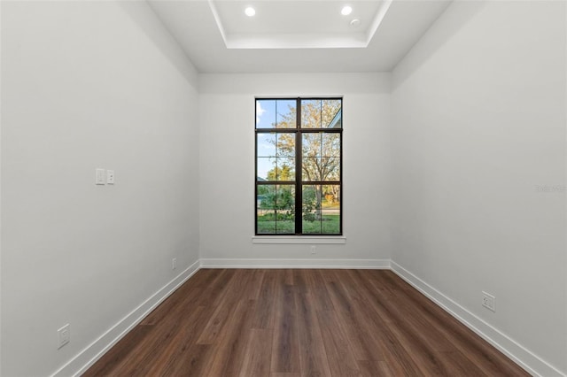 spare room with dark wood-type flooring and a tray ceiling