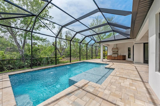 11323 Rivers Bluff Cir, Lakewood Ranch, FL 34202 - pool featuring glass enclosure, an outdoor kitchen, and a patio