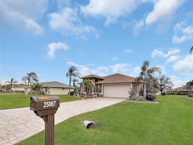 view of front facade with a front yard and a garage