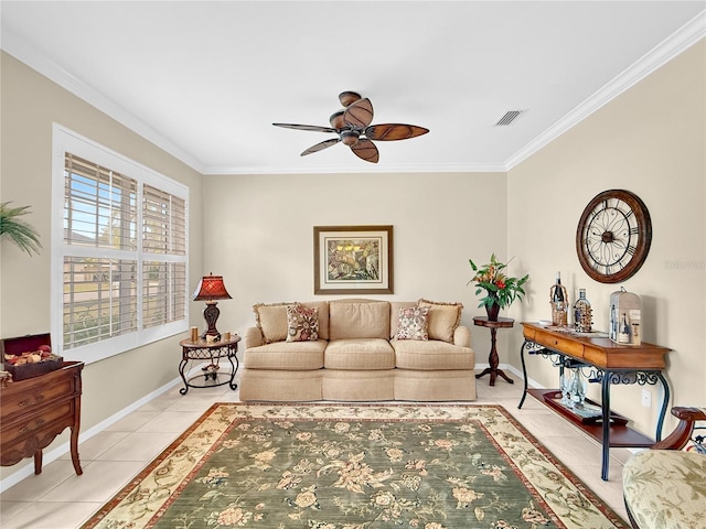 living room with ceiling fan, crown molding, and light tile patterned flooring