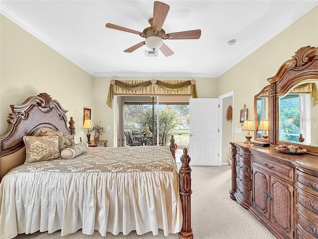 carpeted bedroom featuring ceiling fan, access to outside, and crown molding