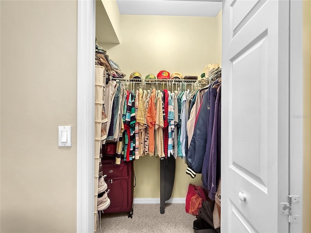 walk in closet with light colored carpet