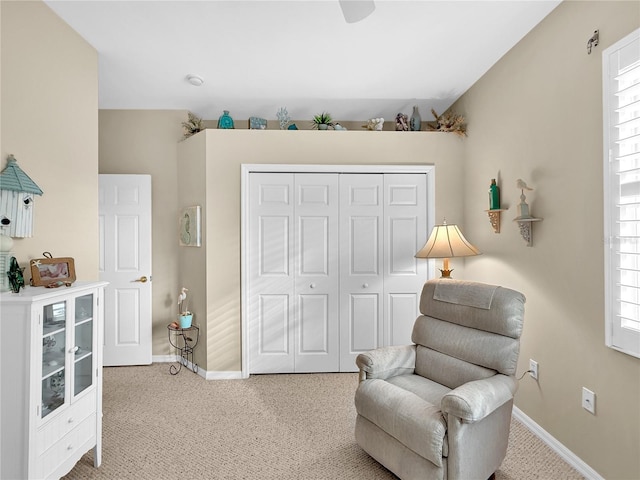 living area featuring a wealth of natural light and carpet